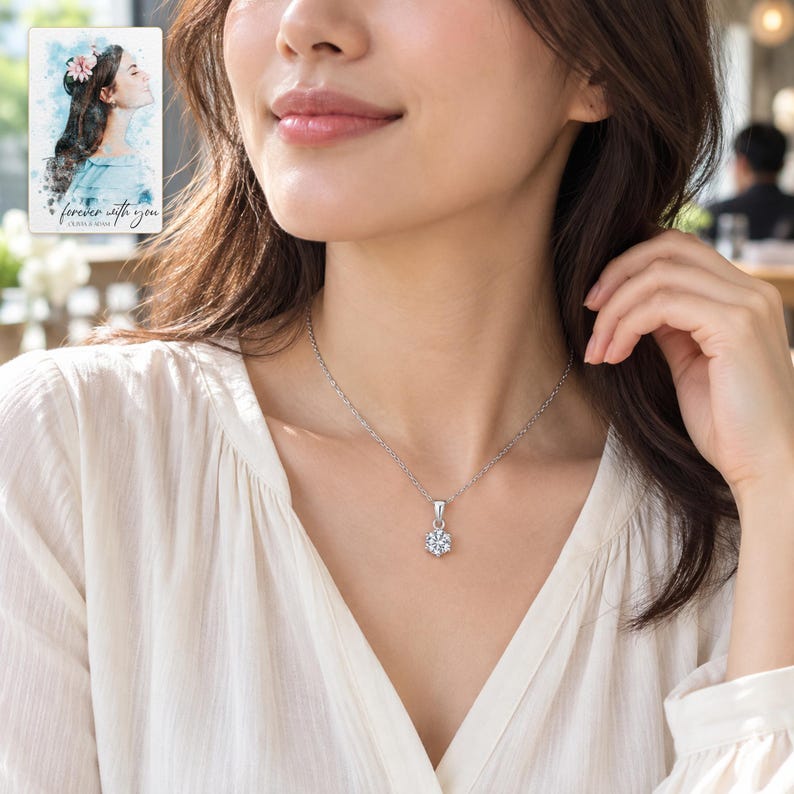 Moissanite Pendant Necklace, worn with daytime clothing. A sample personalized digital greeting card is shown alongside.