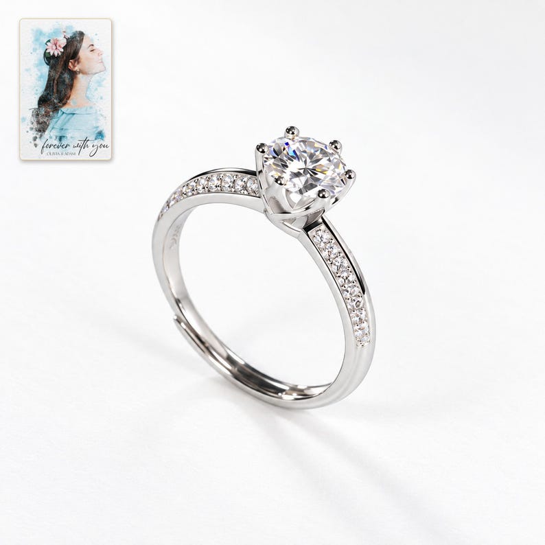 Moissanite Solitaire Ring, shown against a light background. A sample personalized digital greeting card is shown alongside.