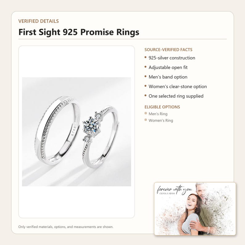 May include: First Sight 925 Promise Rings featuring two silver-colored rings. One ring is a plain band with a textured edge, and the other is a slender band with a central clear stone and two smaller side stones. Both rings have an adjustable open fit.