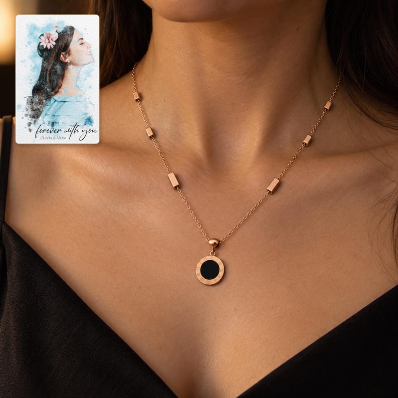 Roman Numeral Necklace, human lifestyle view. A personalized digital greeting card is shown alongside.