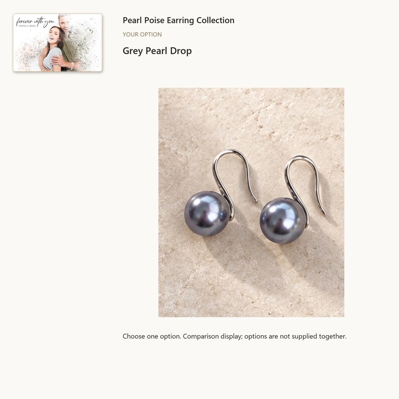 Grey Pearl Look Drop. Pearl Drop or Seven-Pearl Hoop Earrings. A personalized digital greeting card is shown. Select the pictured option when ordering.