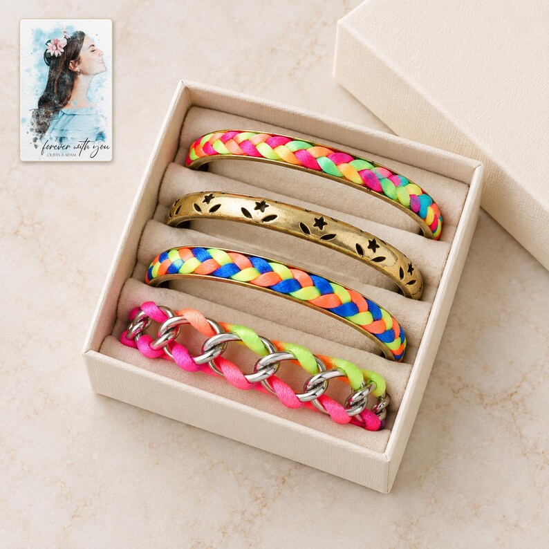Colorful Woven Bracelet Set, displayed in a presentation box. A sample personalized digital greeting card is shown alongside.