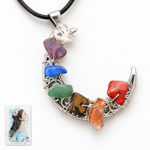 Rainbow Chip Moon Necklace, shown against a light background. A sample personalized digital greeting card is shown alongside.