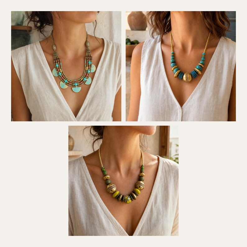 May include: A collection of three necklaces featuring various designs. One necklace has multiple strands with turquoise semi-circle pendants. Another features turquoise and gold-toned beads. The third necklace displays green and gold-toned beads.