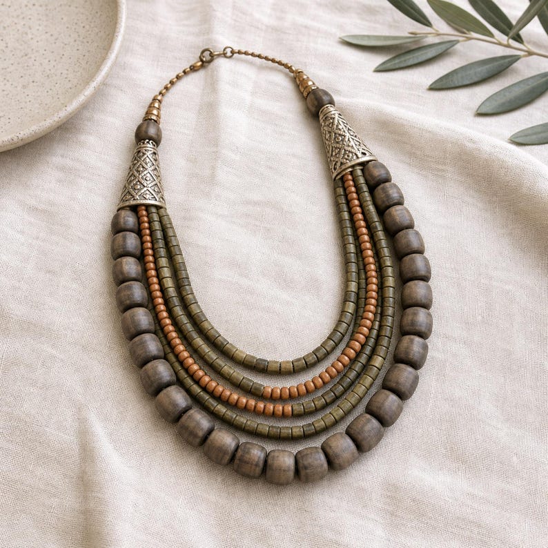 Rose Gold and Beige Statement Beaded Necklace presented in an open jewelry gift box on natural linen