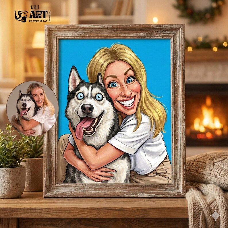 K&ouml;nnte beinhalten: Gerahmtes Cartoon-Portr&auml;t einer Frau mit blonden Haaren und blauen Augen, die einen Siberian Husky-Hund umarmt. Der Hund hat schwarz-wei&szlig;es Fell. Der Hintergrund ist blau. Der Rahmen ist aus Holz. Der Text "GIFT ART DREAM DESIGN" ist enthalten.