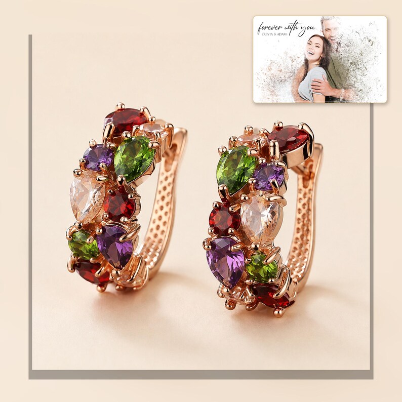 Multicolor gold-tone cluster earrings displayed beside a personalized digital greeting card example. Choose one pair.