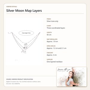 May include: A silver-tone layered necklace featuring three coordinated chains, a map medallion, two open circles, and a crescent charm. The necklace has a chain length of 42 cm, a 1.9 cm medallion, 1.2 cm and 2.1 cm circles, and a 2 cm crescent charm.