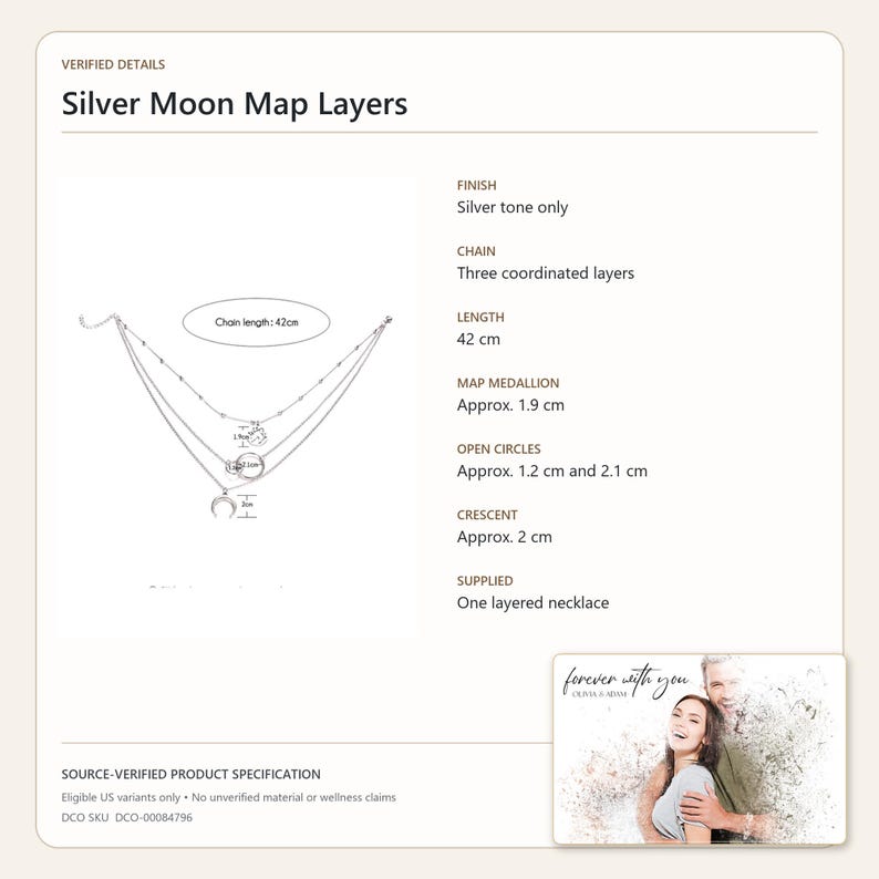 May include: A silver-tone layered necklace featuring three coordinated chains, a map medallion, two open circles, and a crescent charm. The necklace has a chain length of 42 cm, a 1.9 cm medallion, 1.2 cm and 2.1 cm circles, and a 2 cm crescent charm.