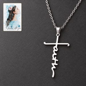 Faith Together Cross Necklace Set styled against a dark luxury surface with the exact product finish clearly visible. A personalized digital greeting card is shown alongside.