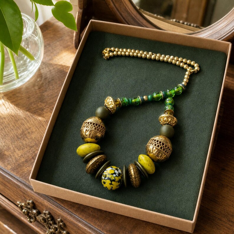 Gray and Brown Statement Beaded Necklace, Layered Boho Jewelry image 5