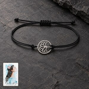 Tree of Life Cord Bracelet, shown against a dark background. A sample personalized digital greeting card is shown alongside.