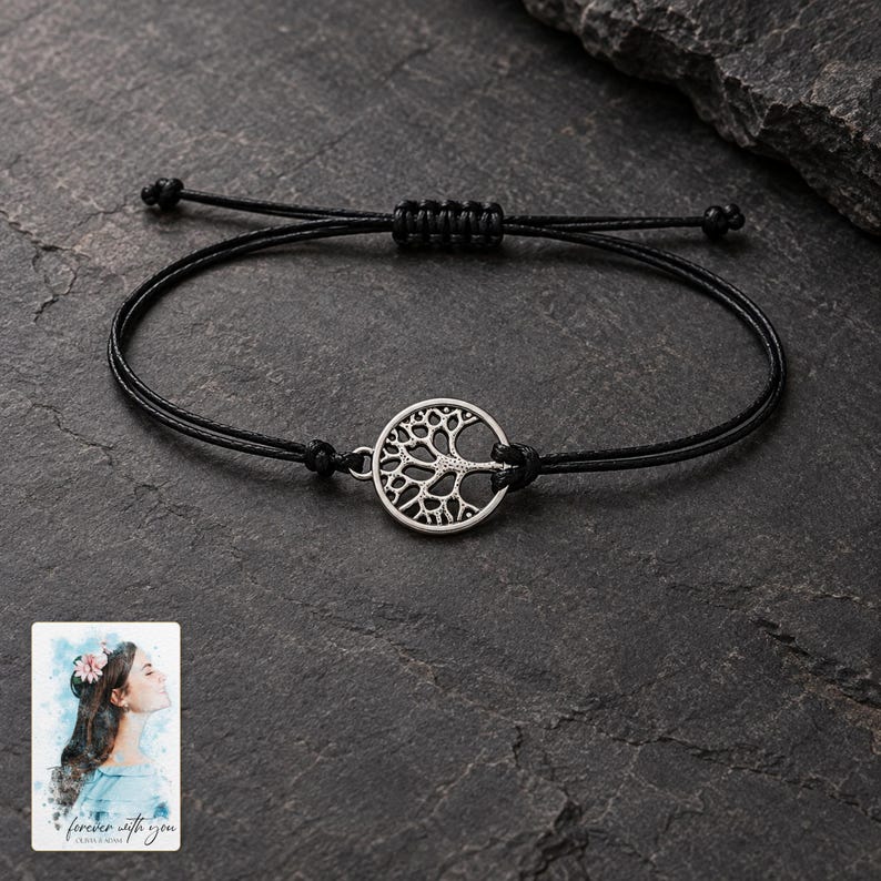 Tree of Life Cord Bracelet, shown against a dark background. A sample personalized digital greeting card is shown alongside.