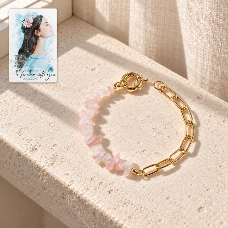 Pink Chip Bead Bracelet, sunlit home view. A personalized digital greeting card is shown alongside.