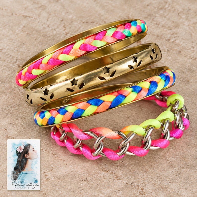 Colorful Woven Bracelet Set, shown on a display surface. A sample personalized digital greeting card is shown alongside.