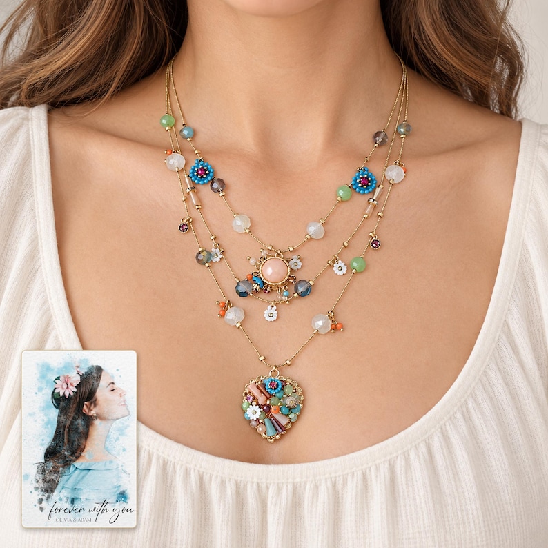 Bohemian Heart Cascade Necklace worn by an adult model for styling and everyday styling. A personalized digital greeting card is shown alongside.