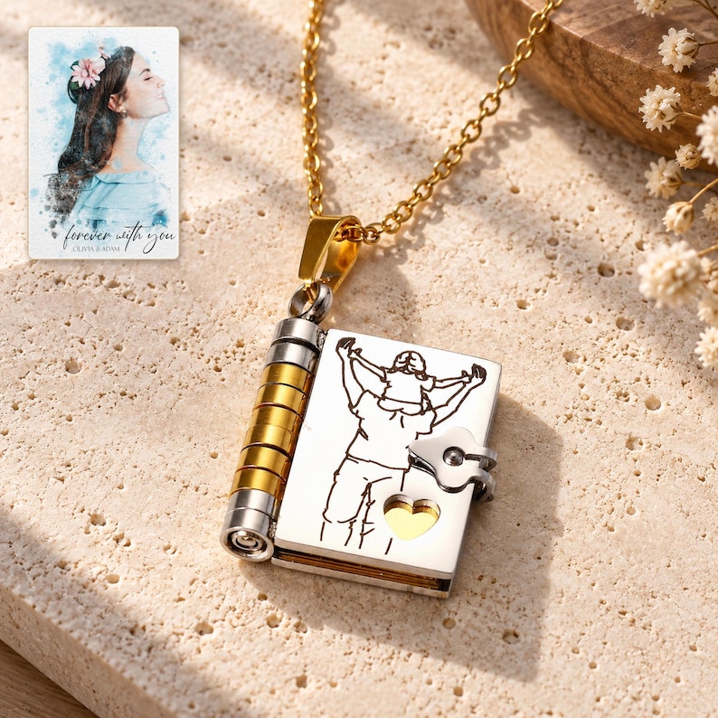 Opening Book Necklace, sunlit home view. A personalized digital greeting card is shown alongside.