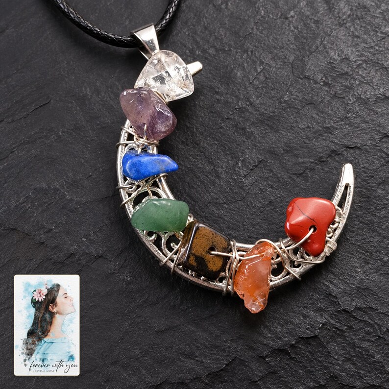 Rainbow Chip Moon Necklace, shown against a dark background. A sample personalized digital greeting card is shown alongside.