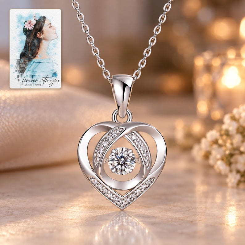 Moissanite Heart Necklace, evening style view. A personalized digital greeting card is shown alongside.