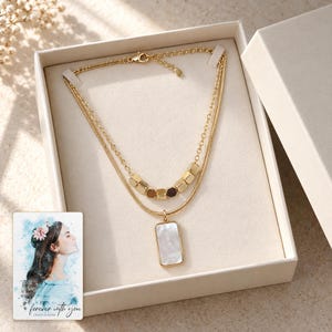 Mother of Pearl Necklace, gift box view. A personalized digital greeting card is shown alongside.