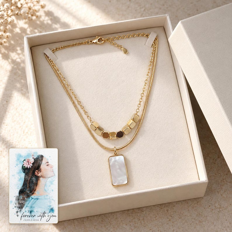 Mother of Pearl Necklace, gift box view. A personalized digital greeting card is shown alongside.
