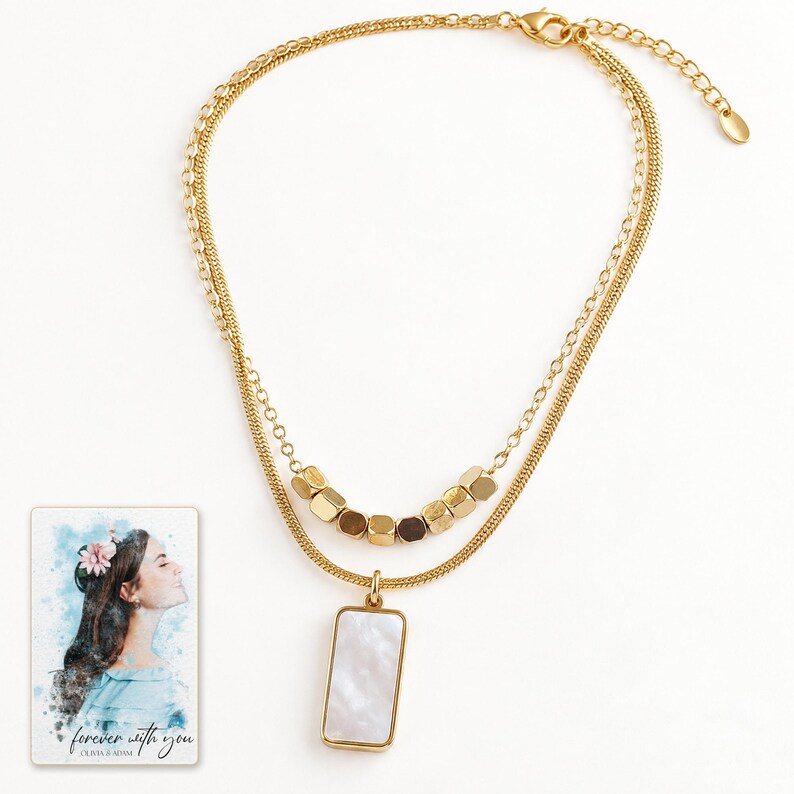 Mother of Pearl Necklace, catalog view. A personalized digital greeting card is shown alongside.