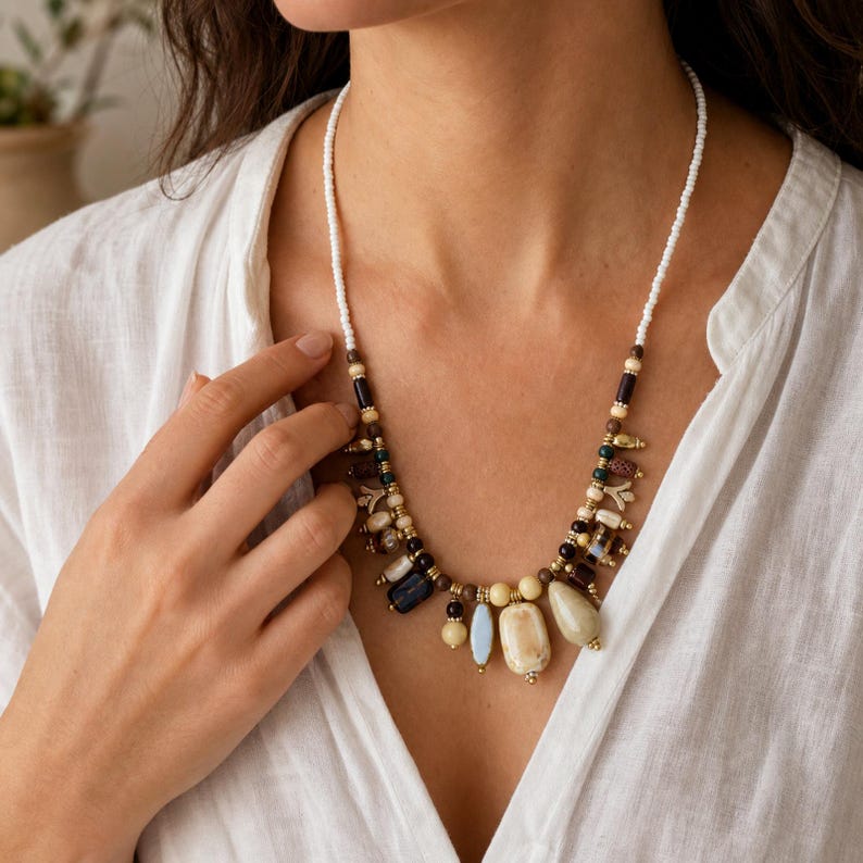 Clear and Beige Statement Beaded Necklace, Boho Handmade Jewelry, Artisan Gift for Her displayed on a jewelry bust with the layered beadwork and pendants visible