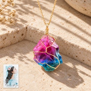 Rainbow Stone Necklace, shown in natural light. A sample personalized digital greeting card is shown alongside.