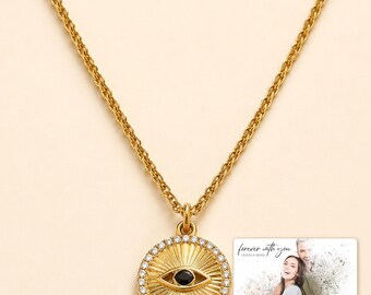 Black Eye Pendant Necklace, Personalise Gold Tone Sunburst and Clear Accent Border