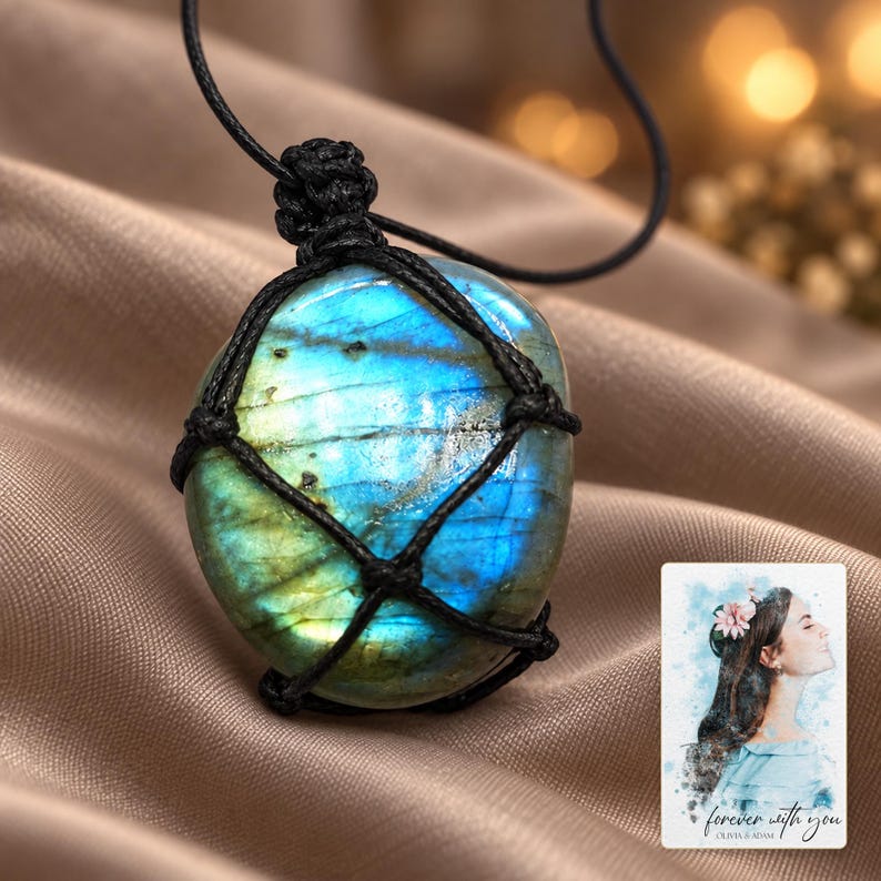 Labradorite Pendant Necklace, evening style view. A personalized digital greeting card is shown alongside.