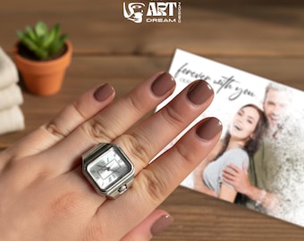 Gold Tone Roman Numeral Ring Watch with Digital Photo Card