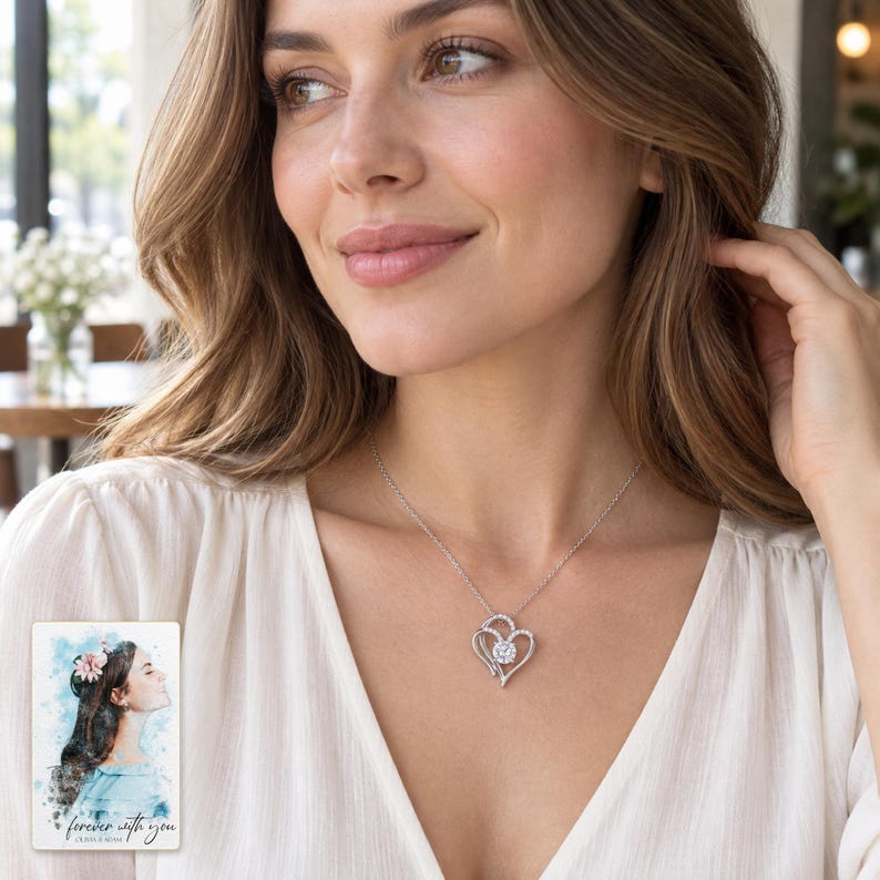 Double Heart Pendant Necklace, worn with daytime clothing. A sample personalized digital greeting card is shown alongside.