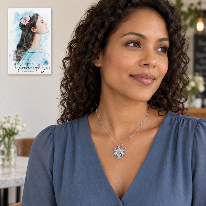 Winter Azure Snowflake Necklace worn by an adult in a natural daytime lifestyle scene. A personalized digital greeting card is shown alongside.