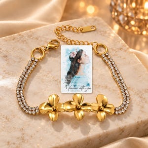 Gold Tone Flower Bracelet, evening style view. A personalized digital greeting card is shown alongside.