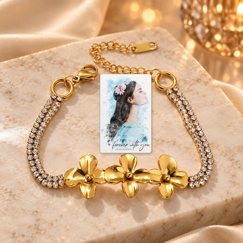 Gold Tone Flower Bracelet, evening style view. A personalized digital greeting card is shown alongside.