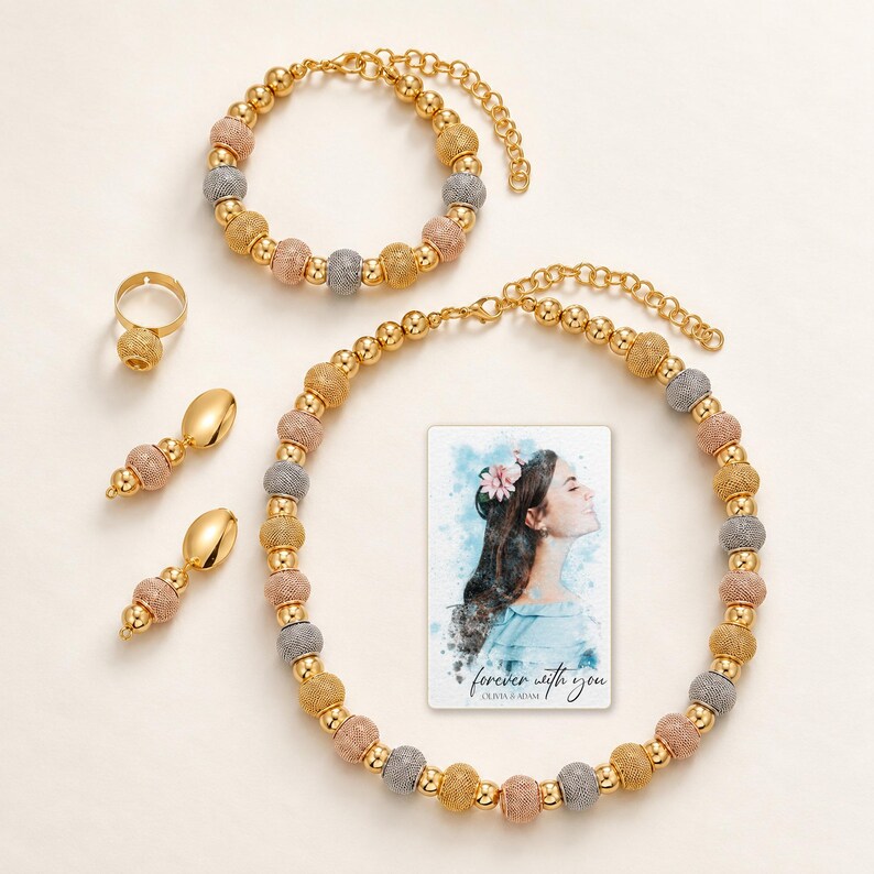 Metallic Bead Jewelry Suite shown on a clean white catalog background for an unobstructed product view. A personalized digital greeting card is shown alongside.