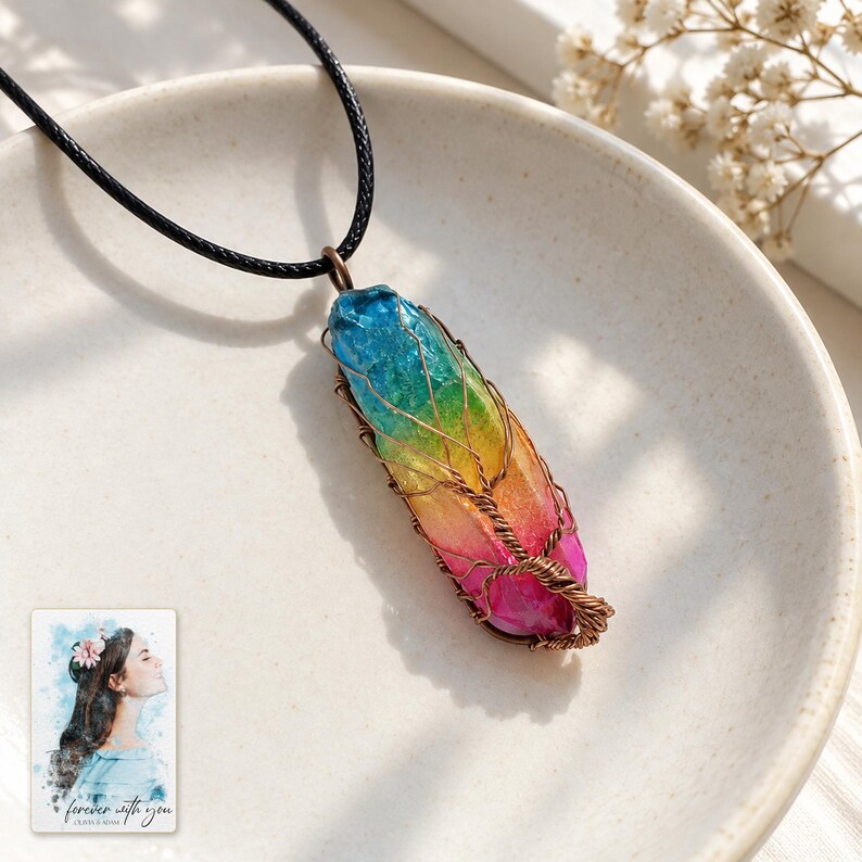 Rainbow Tree Stone Necklace, shown in natural light. A sample personalized digital greeting card is shown alongside.