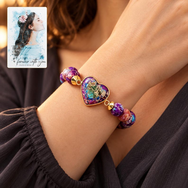 Imperial Mosaic Heart Bracelet worn by an adult in a polished evening lifestyle scene. A personalized digital greeting card is shown alongside.