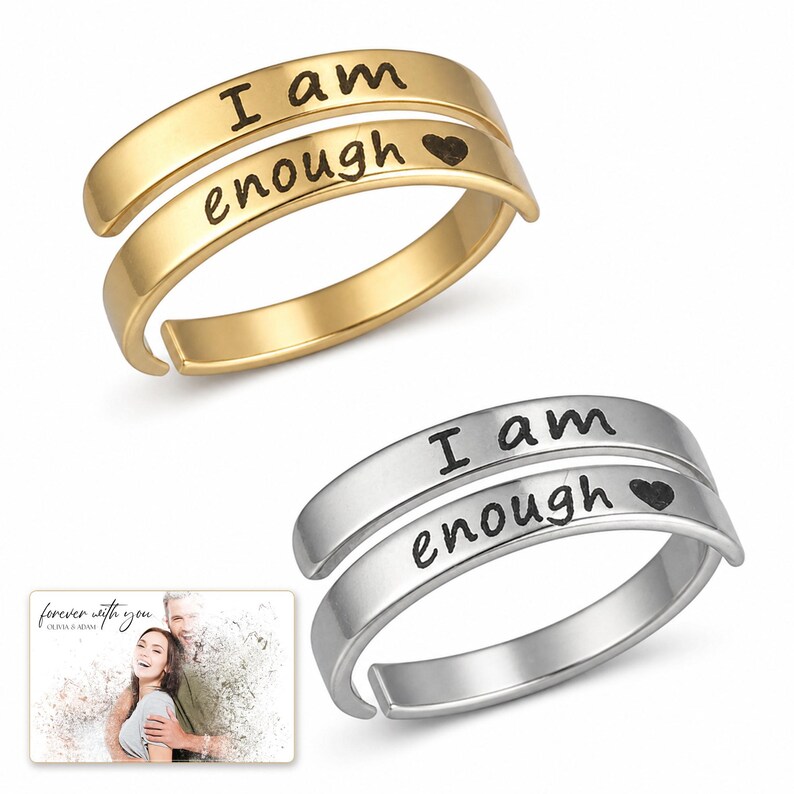 Brave Word Open Band Ring shown during a believable gift-giving moment between adults with the exact jewelry visible.