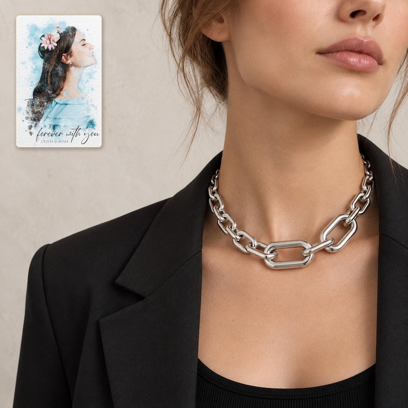 silver tone Arc Statement Choker worn by an adult model for styling and everyday styling. A personalized digital greeting card is shown alongside.