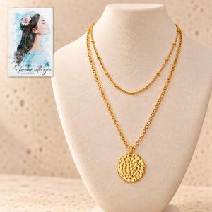 Gold Tone Coin Satellite Necklace shown as the main Etsy hero photograph with a clear view of the complete design. A personalized digital greeting card is shown alongside.
