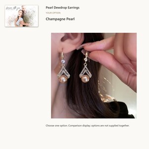 Champagne pearl look. Pearl Look Drop Earrings. A personalized digital greeting card is shown. Select the pictured option when ordering.