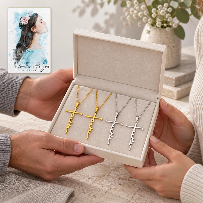Faith Together Cross Necklace Set shown during a believable gift-giving moment between adults with the jewelry visible. A personalized digital greeting card is shown alongside.