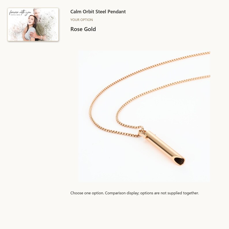 Rose gold tone. Tube Pendant Necklace. A personalized digital greeting card is shown. Select the pictured option when ordering.