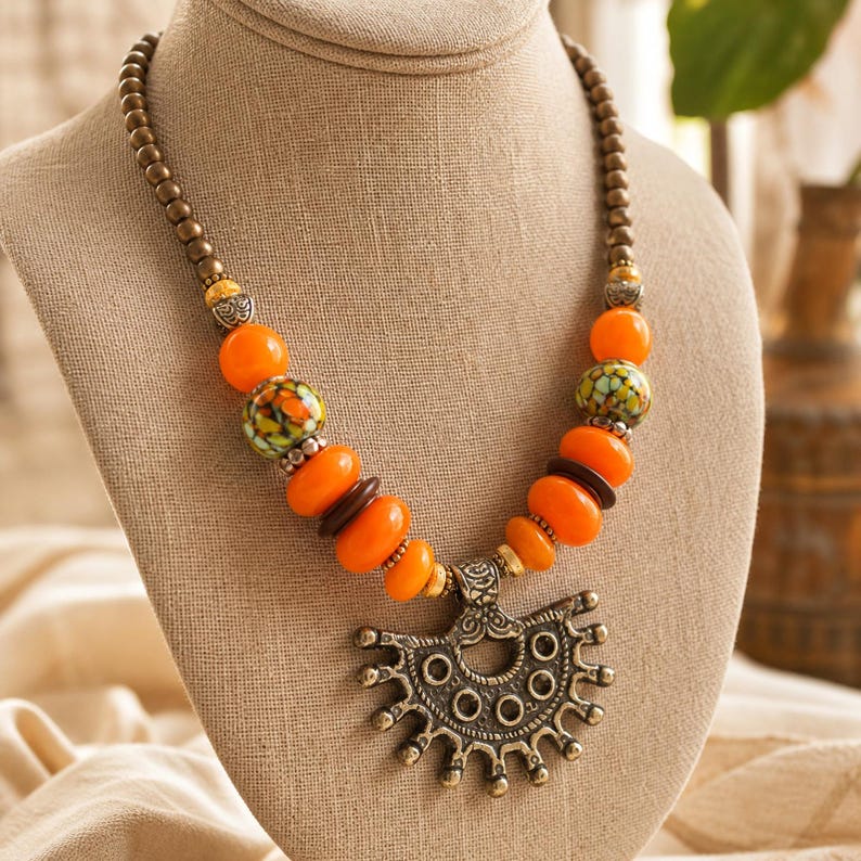 Orange and Brown Statement Beaded Necklace shown individually as a coordinating option for the mix and match necklace set