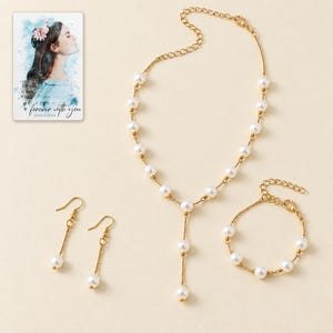 pearl style Occasion Jewelry Set shown in a close macro view highlighting the visible texture, texture and construction details. A personalized digital greeting card is shown alongside.