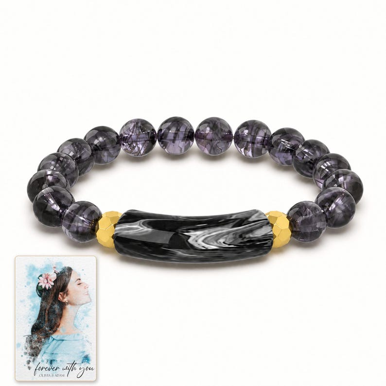 Midnight Marble Bar Bracelet shown on a clean white catalog background for an unobstructed product view. A personalized digital greeting card is shown alongside.