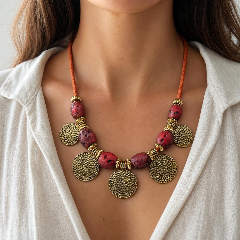 May include: A necklace featuring an orange cord, red porous beads, and gold-toned metal spacers and circular pendants with a textured, dimpled surface. The design alternates between the red beads and the gold metal components in a symmetrical arrangement.