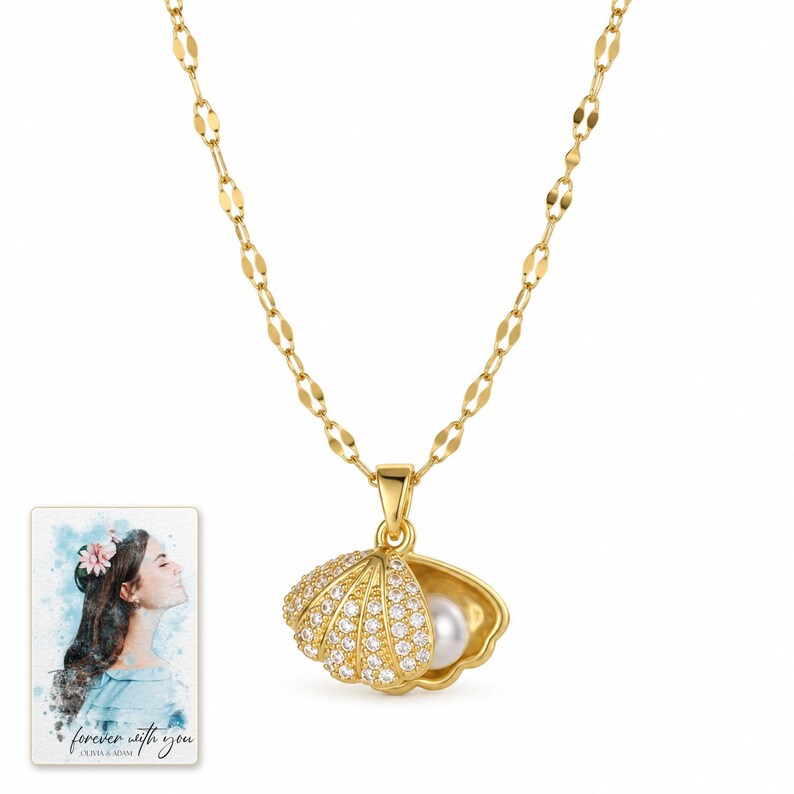 Shell Shaped Necklace, catalog view. A personalized digital greeting card is shown alongside.