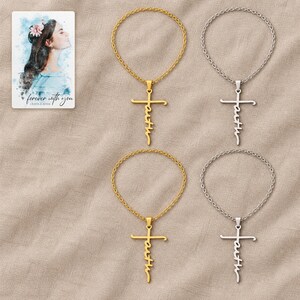 Faith Together Cross Necklace Set arranged on soft ivory linen in a refined neutral flat lay. A personalized digital greeting card is shown alongside.